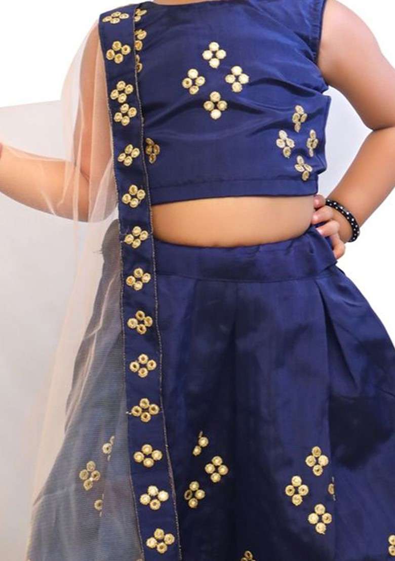 Blue Embroidered Blended Lehenga Choli For Girls - Indya