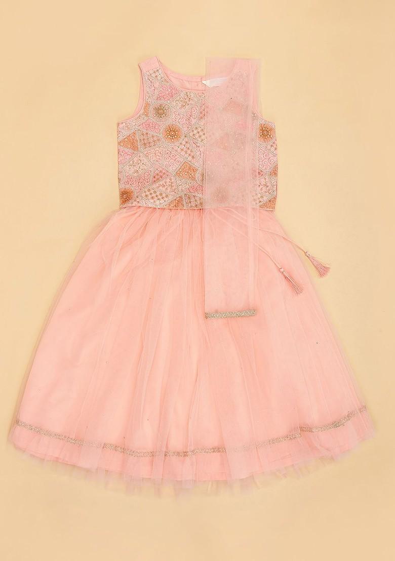 Peach Embroidered Blended Lehenga Choli For Girls - Indya