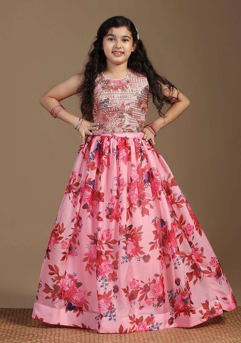 Peach Embroidered Blended Lehenga Choli For Girls - Indya