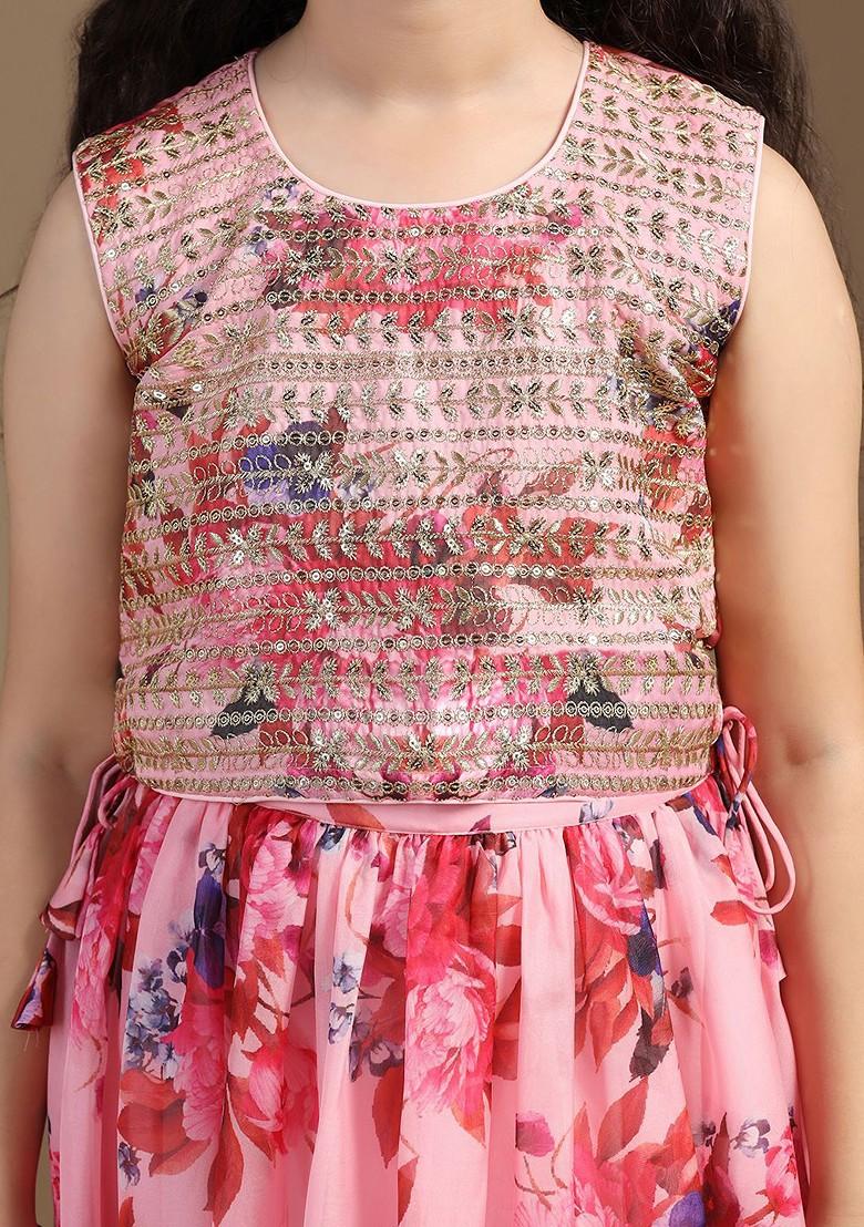 Peach Embroidered Blended Lehenga Choli For Girls - Indya