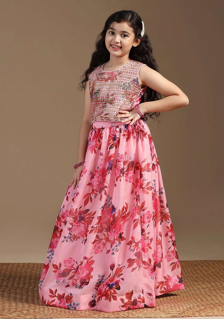 Peach Embroidered Blended Lehenga Choli For Girls - Indya