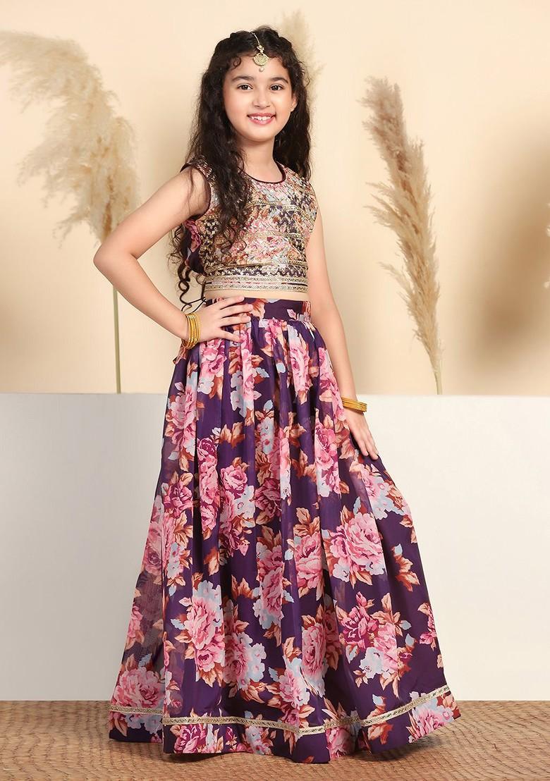 Violet Embroidered Blended Lehenga Choli For Girls - Indya