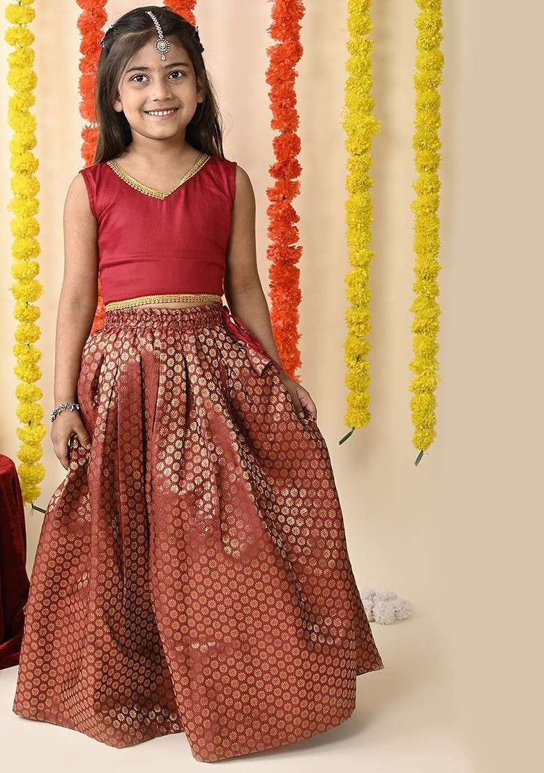 Maroon Embroidered Blended Lehenga Choli For Girls - Indya