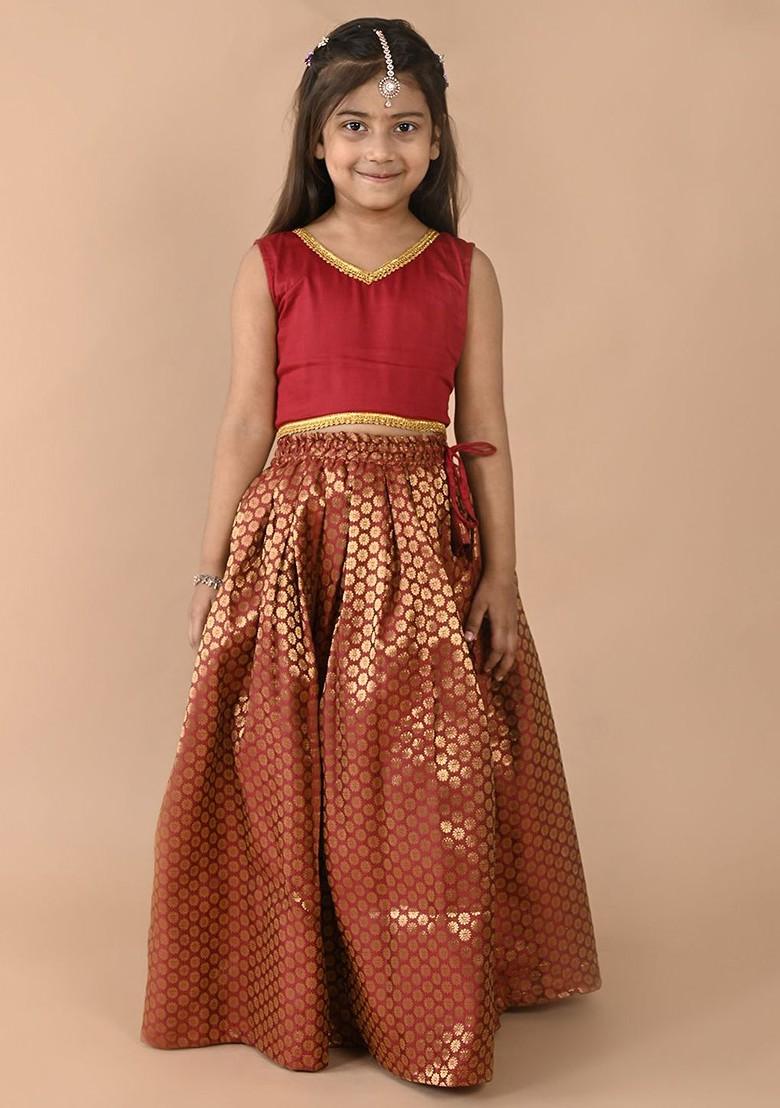 Maroon Embroidered Blended Lehenga Choli For Girls - Indya