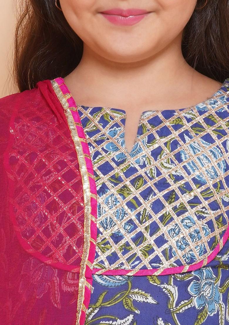 Navy Blue Printed Cotton Blend Lehenga Choli For Girls - Indya