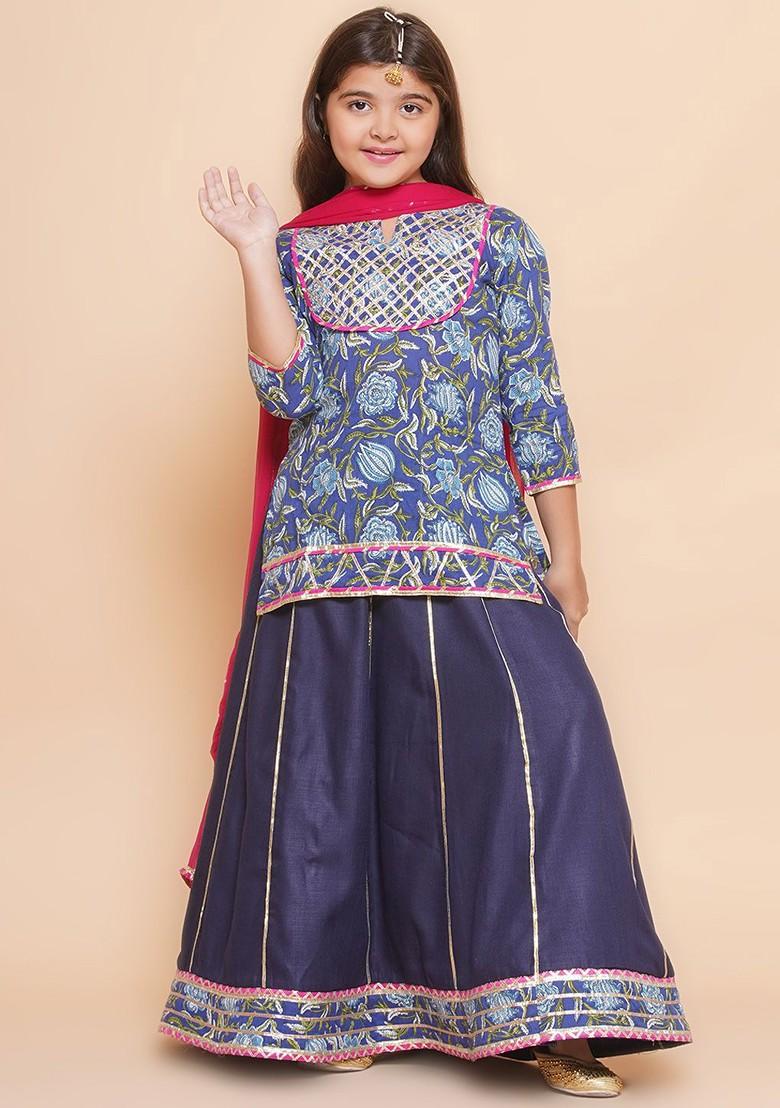 Navy Blue Printed Cotton Blend Lehenga Choli For Girls - Indya