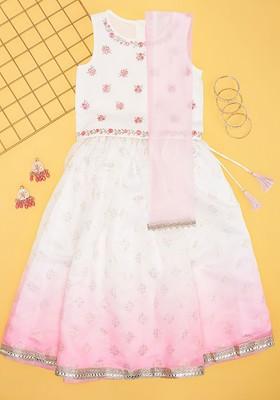 Off White Embroidered Blended Lehenga Choli For Girls