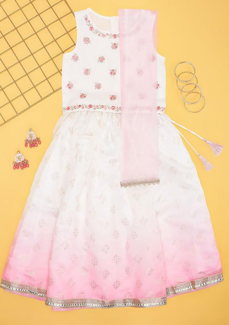 Off White Embroidered Blended Lehenga Choli For Girls - Indya