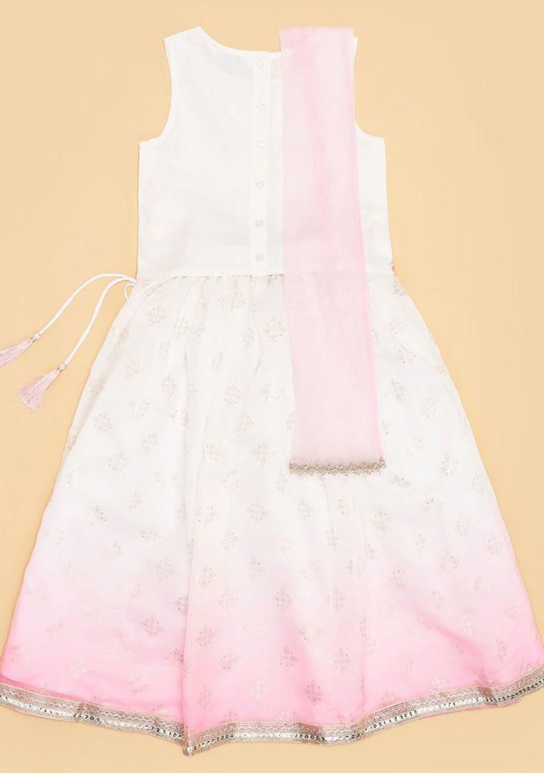 Off White Embroidered Blended Lehenga Choli For Girls - Indya