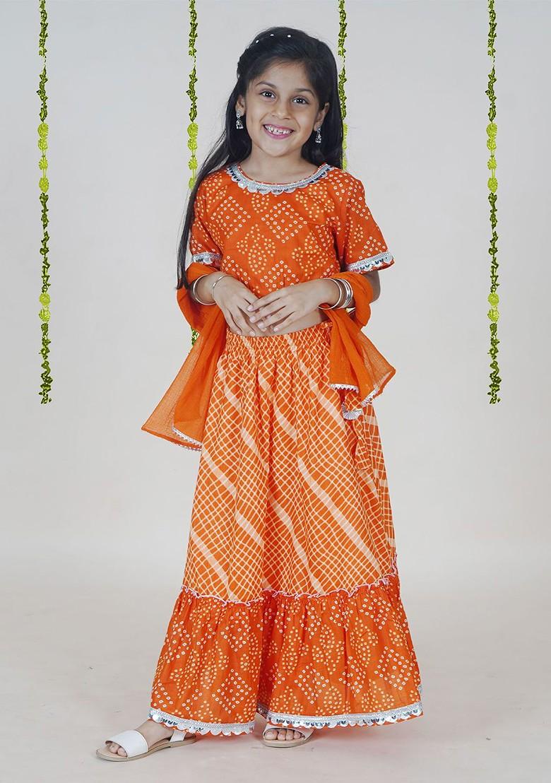 Orange Printed Blended Lehenga Choli For Girls - Indya
