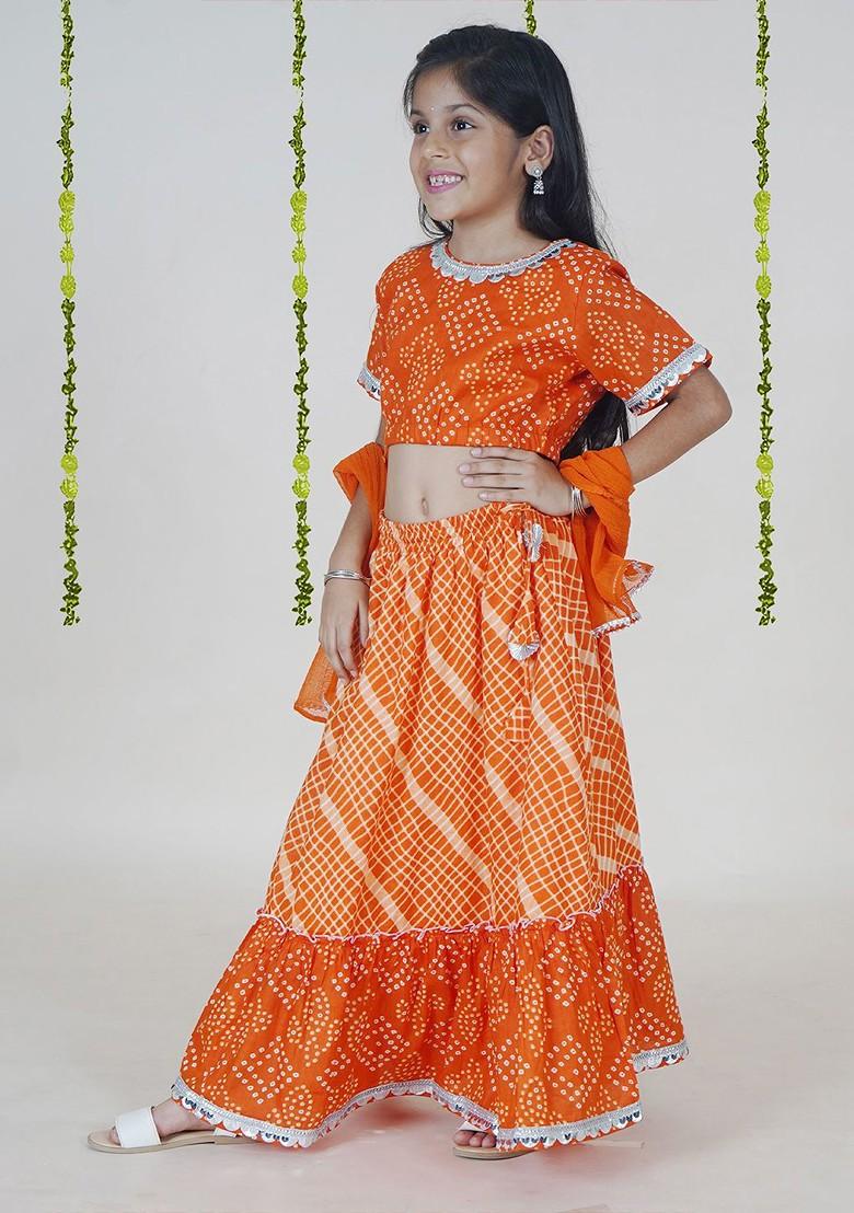 Orange Printed Blended Lehenga Choli For Girls - Indya