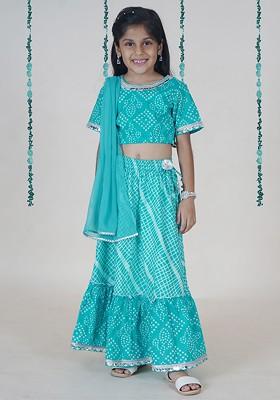 Turquoise Blue Printed Blended Lehenga Choli For Girls