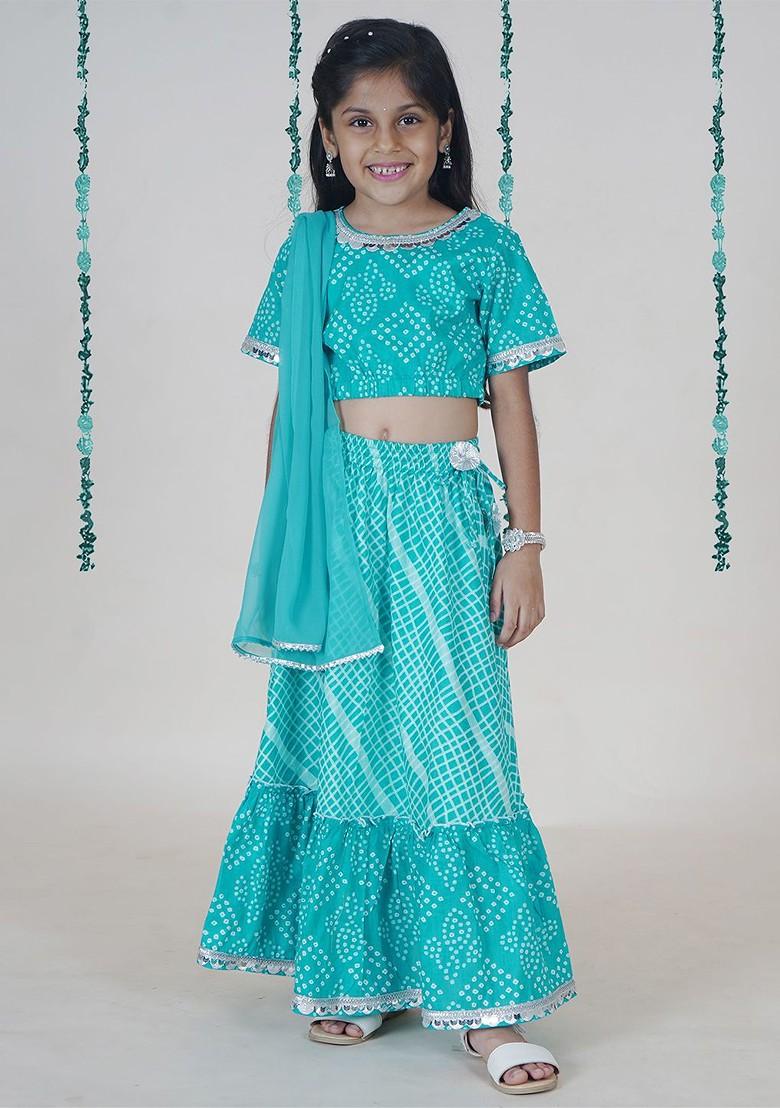 Turquoise Blue Printed Blended Lehenga Choli For Girls - Indya