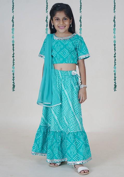 Turquoise Blue Printed Blended Lehenga Choli For Girls — view on Indya
