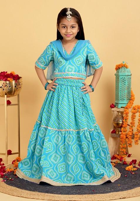 Blue Printed Blended Lehenga Choli For Girls — view on Indya