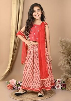 Peach Printed Blended Lehenga Choli For Girls