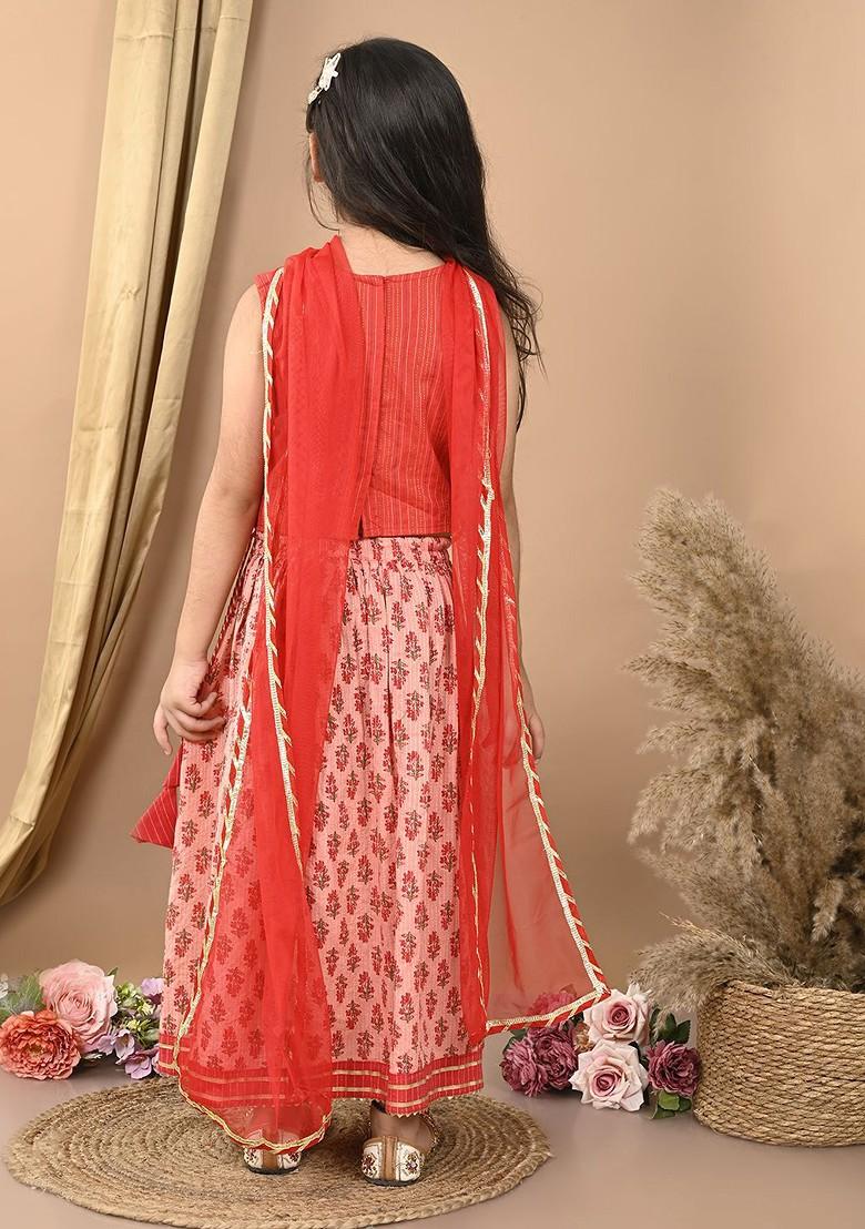 Peach Printed Blended Lehenga Choli For Girls - Indya