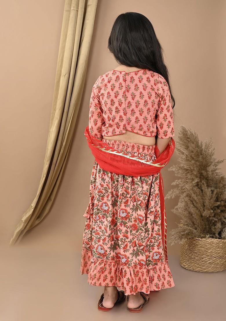 Peach Printed Cotton Blend Lehenga Choli For Girls - Indya