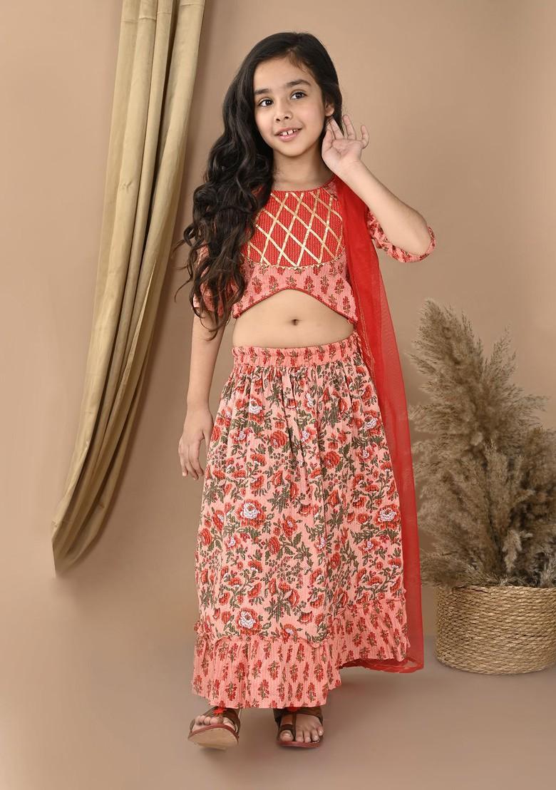 Peach Printed Cotton Blend Lehenga Choli For Girls - Indya
