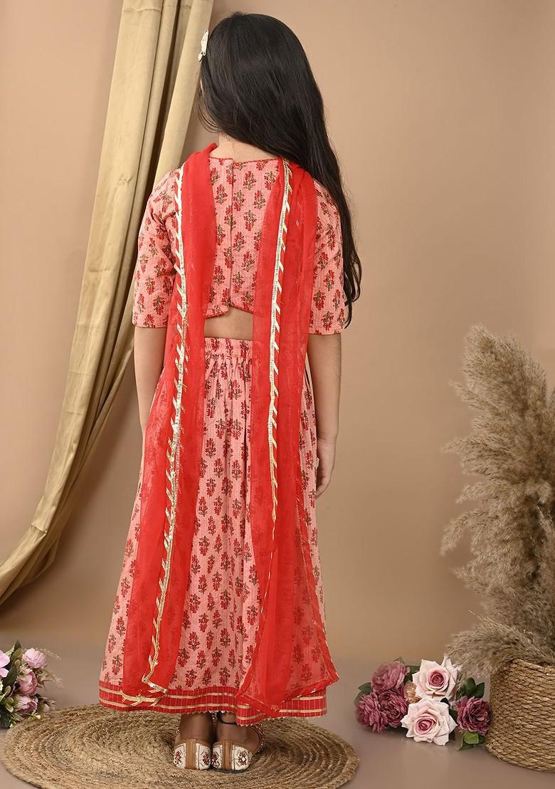 Peach Printed Blended Lehenga Choli For Girls - Indya
