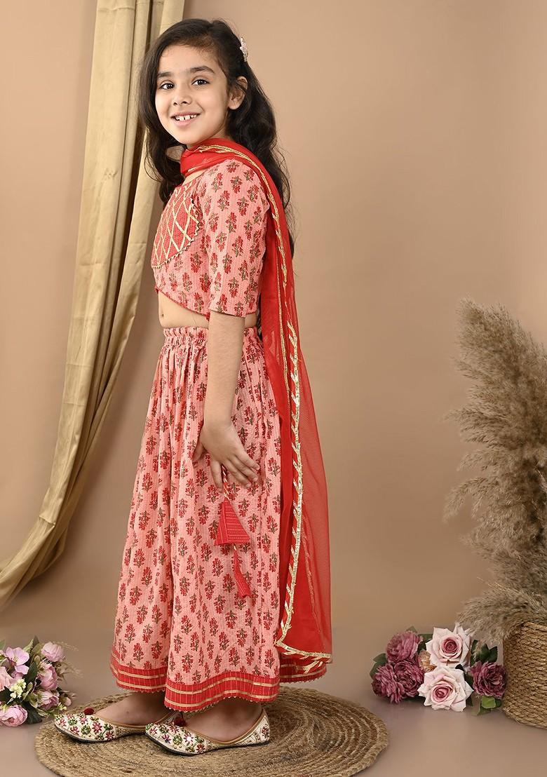 Peach Printed Blended Lehenga Choli For Girls - Indya