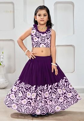 Lavender Embroidered Blended Lehenga Choli For Girls