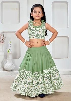 Sea Green Embroidered Blended Lehenga Choli For Girls