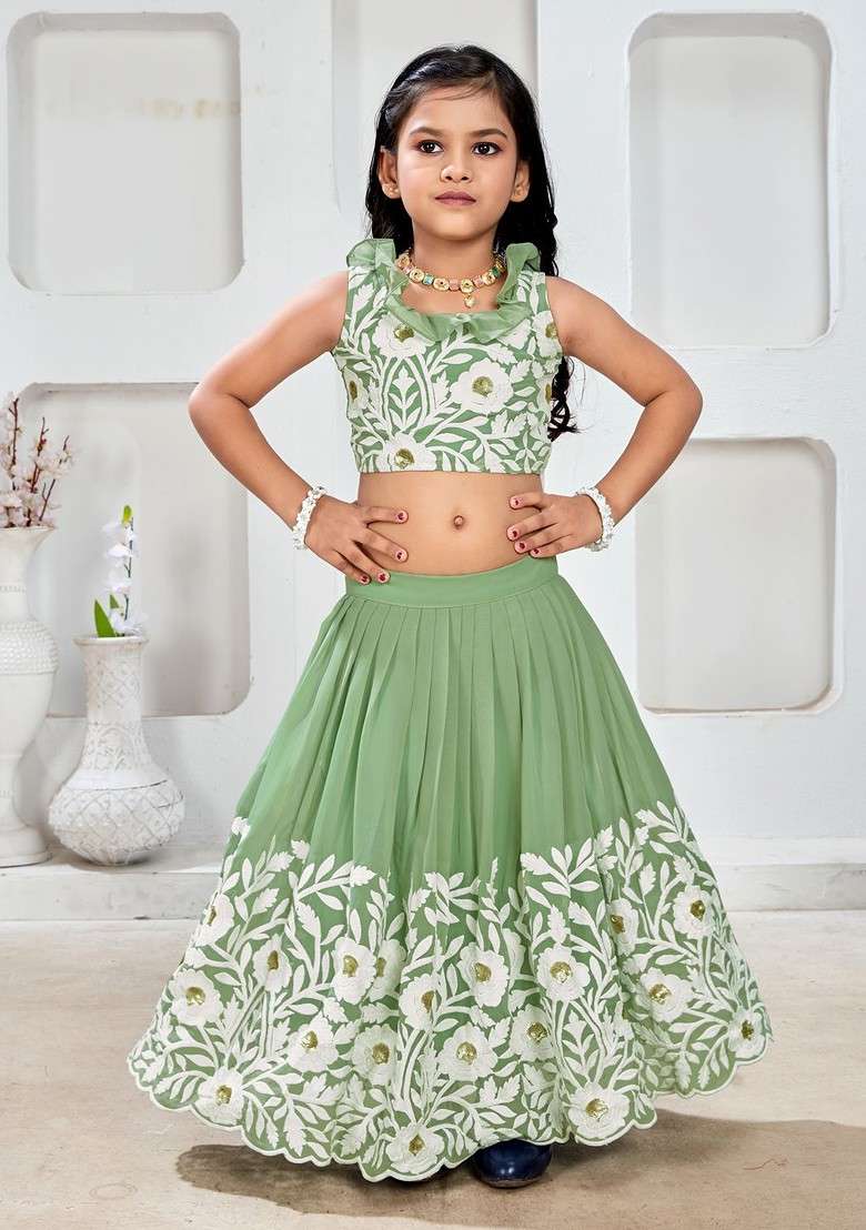 Sea Green Embroidered Blended Lehenga Choli For Girls - Indya