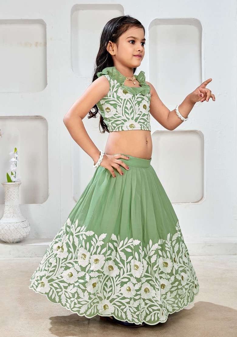 Sea Green Embroidered Blended Lehenga Choli For Girls - Indya