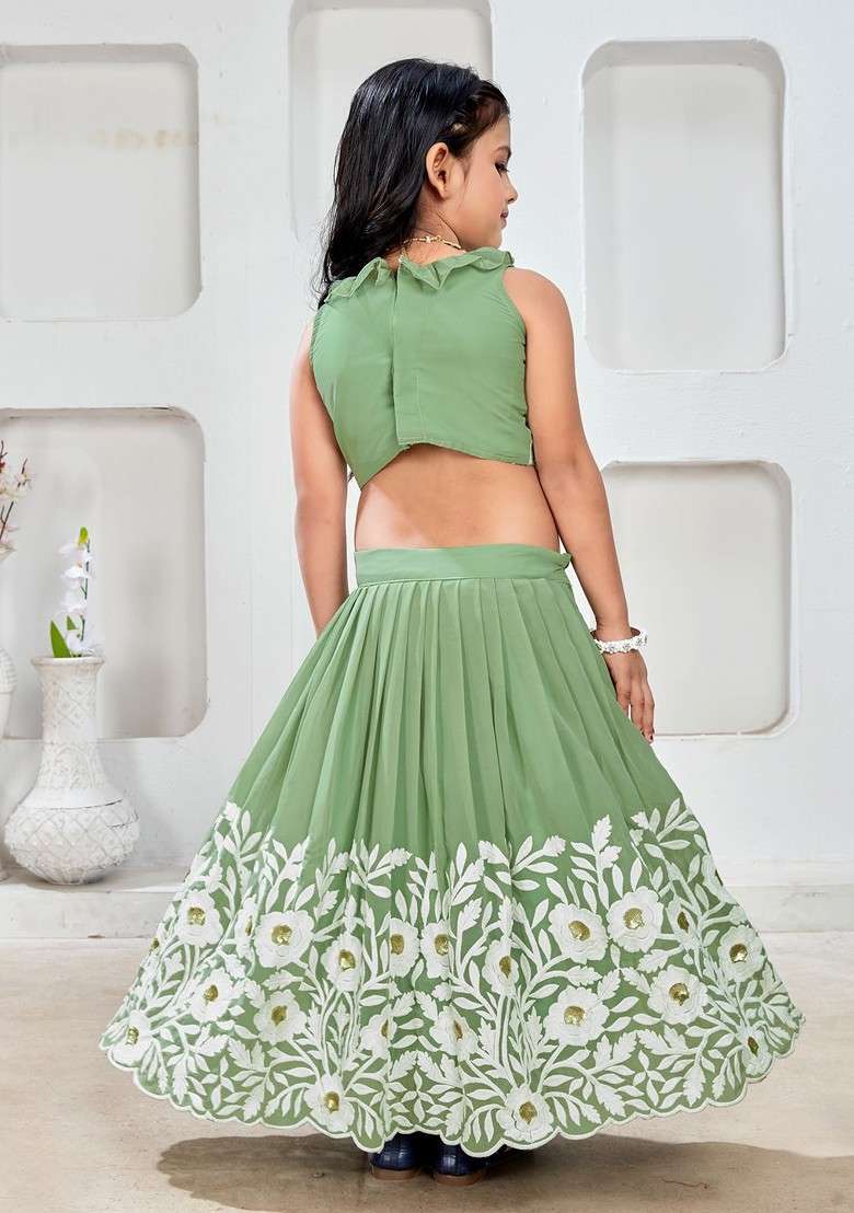 Sea Green Embroidered Blended Lehenga Choli For Girls - Indya