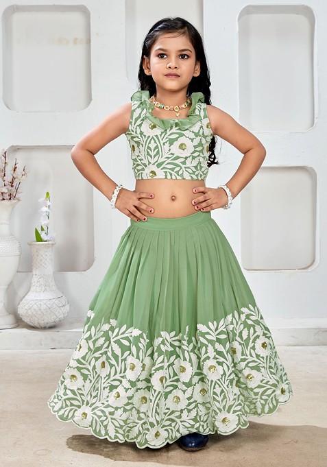Sea Green Embroidered Blended Lehenga Choli For Girls — view on Indya