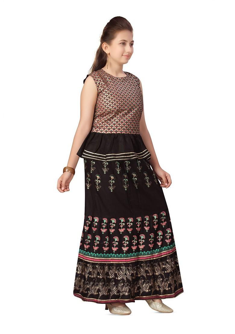 Black Embroidered Blended Lehenga Choli For Girls - Indya