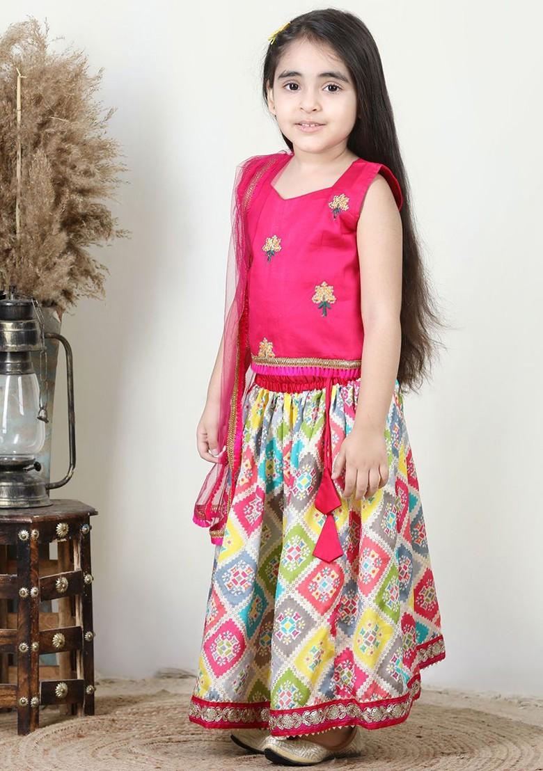 Pink Embroidered Blended Lehenga Choli For Girls - Indya