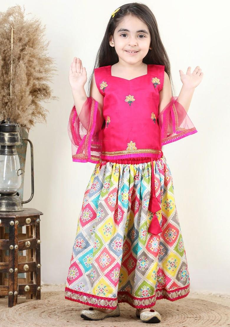Pink Embroidered Blended Lehenga Choli For Girls - Indya
