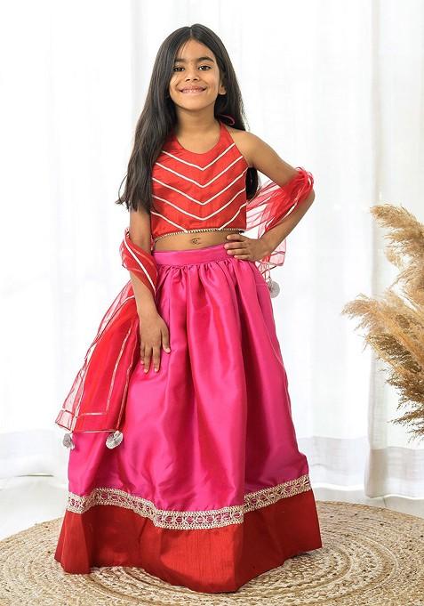 Red Printed Blended Lehenga Choli For Girls