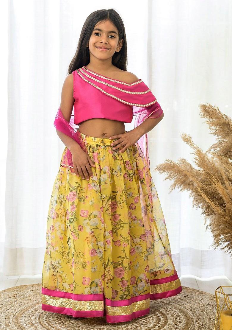 Yellow Printed Blended Lehenga Choli For Girls - Indya