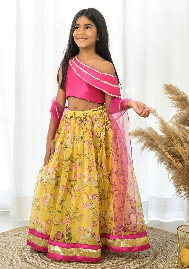 Yellow Printed Blended Lehenga Choli For Girls - Indya