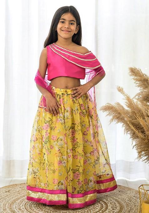 Yellow Printed Blended Lehenga Choli For Girls — view on Indya
