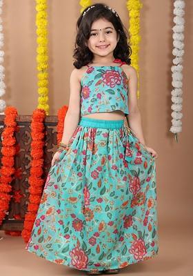 Blue Printed Cotton Blend Lehenga Choli For Girls