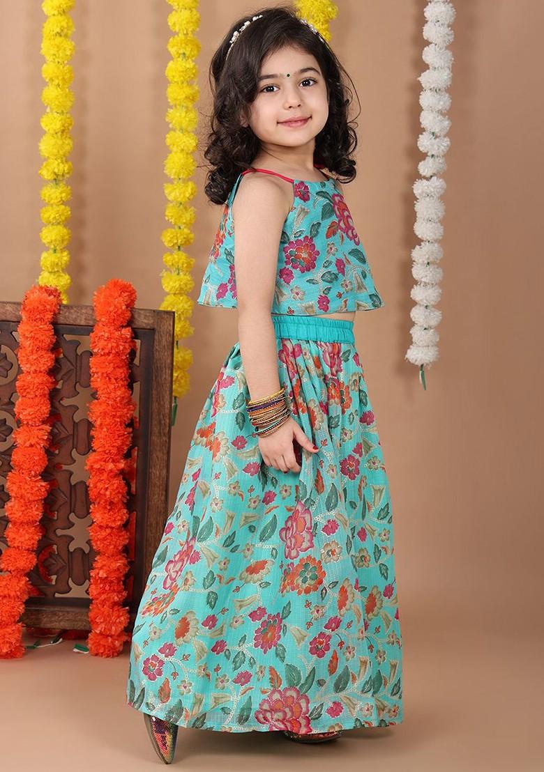 Blue Printed Cotton Blend Lehenga Choli For Girls - Indya