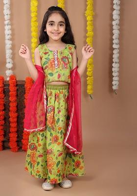 Green Printed Cotton Blend Lehenga Choli For Girls