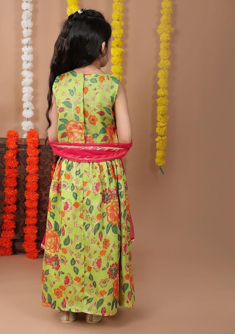 Green Printed Cotton Blend Lehenga Choli For Girls - Indya