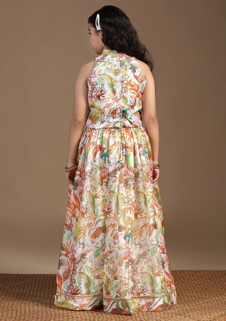 White Printed Blended Lehenga Choli For Girls - Indya