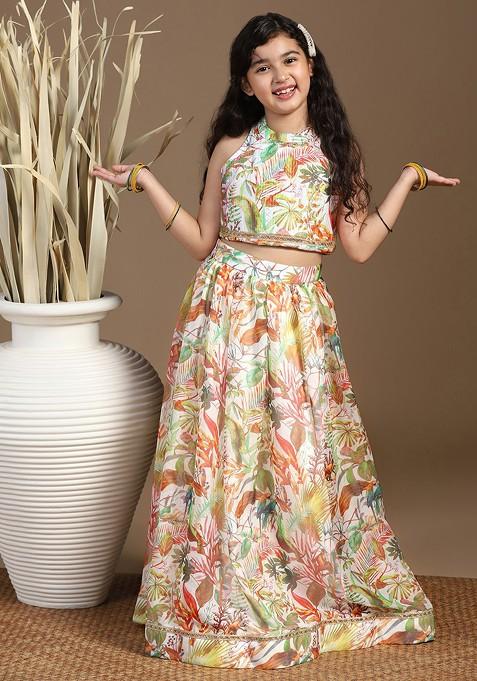 White Printed Blended Lehenga Choli For Girls