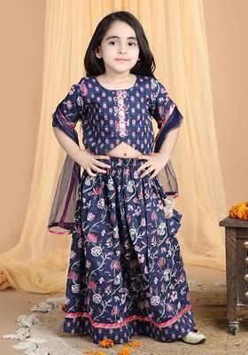Navy Blue Printed Blended Lehenga Choli For Girls