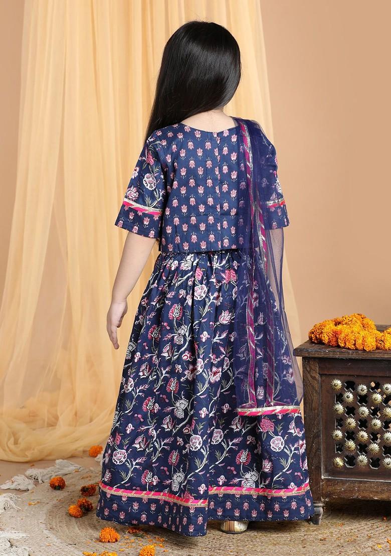 Navy Blue Printed Blended Lehenga Choli For Girls - Indya