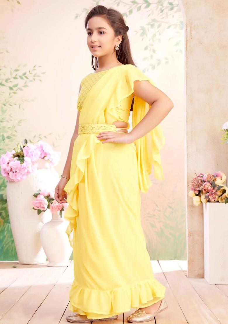 Yellow Embellished Blended Lehenga Choli For Girls - Indya