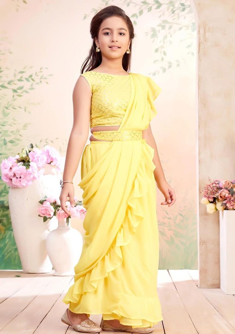 Yellow Embellished Blended Lehenga Choli For Girls - Indya