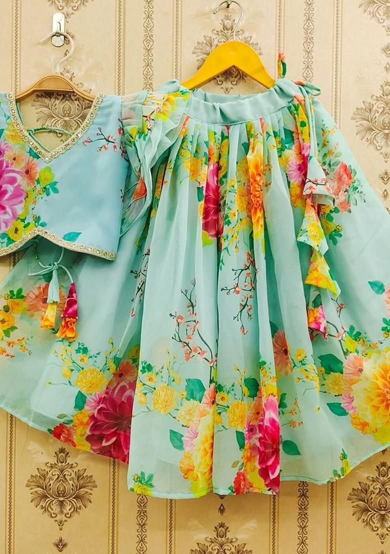 Sea Green Printed Blended Lehenga Choli For Girls - Indya