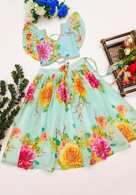 Sea Green Printed Blended Lehenga Choli For Girls — view on Indya